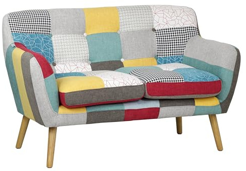 Totò Piccinni Divano 2 Posti in Tessuto PATCHWORK imbottito con Braccioli e gambe NATURALI