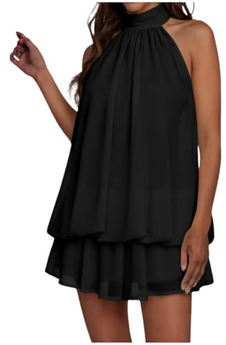 Générique Robe Femme Mini Col Montant Nuque Chiffon Double Volants Robe de Soirée Sensuelle pour Fête et Cocktail