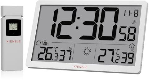 Kienzle Reloj de pared con pantalla LCD XL, sensor exterior, temperatura y humedad, color blanco