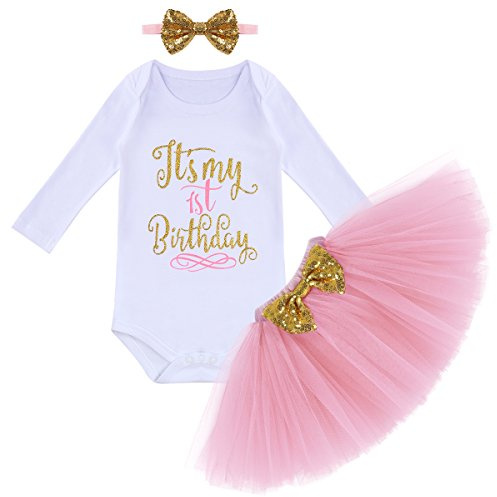 FYMNSI Bébés filles 1er anniversaire Tutu Set Manche Longue Body Barboteuse + Jupe Tutu + Bandeau 1 An Fête Vêtements Premier Anniversaire Tenue de Soirée Cérémonie Robe Photographie 3 Pièces
