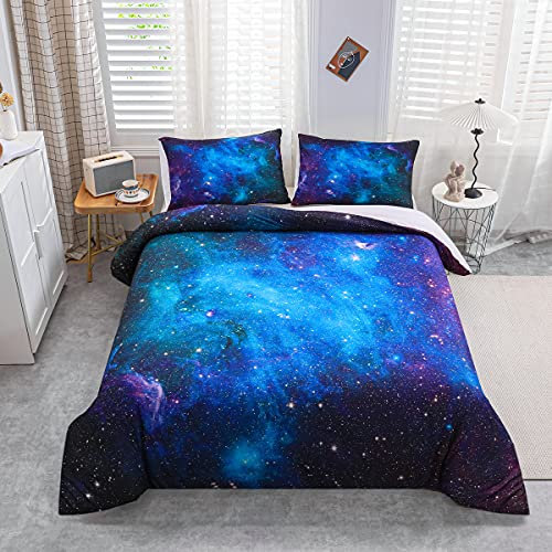 Loussiesd Set di biancheria da letto per letto matrimoniale e ragazzi,con motivo galassia stelline nello spazio celeste e astronomico,decorazione da letto,blu e viola
