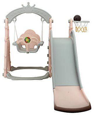 Sweety Toys 12701-Set da Gioco 3 in 1 con Altalena e Scivolo, canestro da Basket con Design Torre Eiffel, Colore Rosa/Grigio, 1