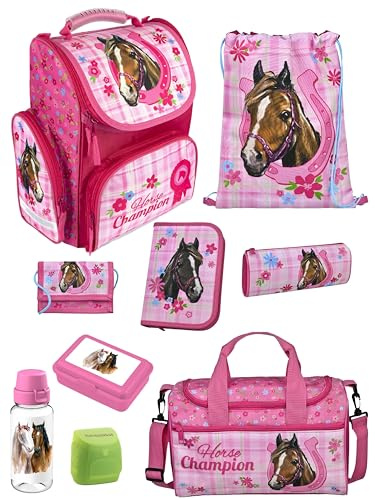 Familando - Schulranzen Set CLOU - 9-teilig mit Sporttasche - Pferde - Ergonomisch, stabil & mit gepolstertem Rücken - 930g leicht - 15L Volumen - Mit Reflektoren - Für Grundschule ab 1. Klasse