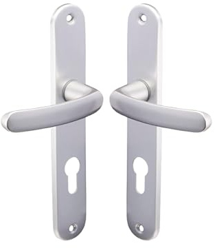 Vachette Set de Poignée de Porte sur Grande Plaque - Version Clé I, Porte d'Entrée, Bureau, Garage - Entraxe 195 mm - Système de Pose Facile - Aluminium Résistant - Finition Argent - Garantie 2 Ans