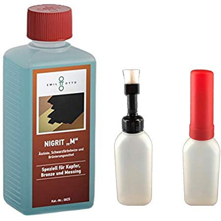 250 g Schwarzfärbe-Schnellbeize NIGRITM, zum Kaltbrünieren - Schwarzfärben und Schutz von Kupfer, Bronze und Messing + Pinselflasche mit KISI-Verschluss, 100 ml Fassungsvermögen (unbefüllt)