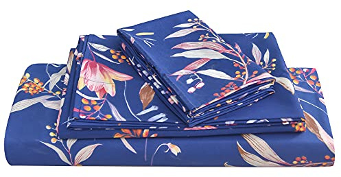 JSD Navy Blue Floral Print Sheet Set King, Botanical Soft Microfiber Bedding Sheets Extra Deep Pocket 4 Piece