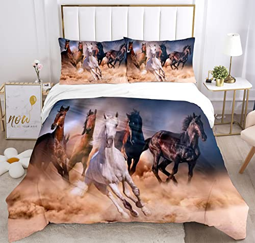 JEFFEL Set di Biancheria da Letto per Cavalli con Stampa 3D, Copripiumino con Cerniera, Incluso 1 Copripiumino e 2 Federe, Biancheria da Letto per Ragazzi e Ragazze (135x200cm, Cavalli -2)