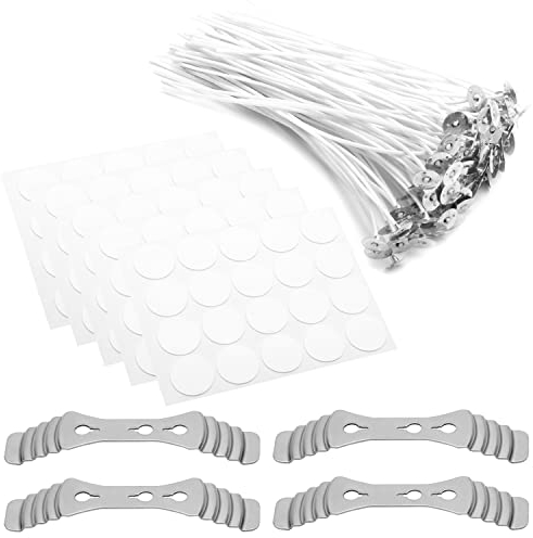 100 x Kerzendochte für die Herstellung von Kerzen, mit 4 Kerzendochthaltern, 100 Dochtaufklebern für DIY Duftkerzen Sojawachs Kerzenherstellung