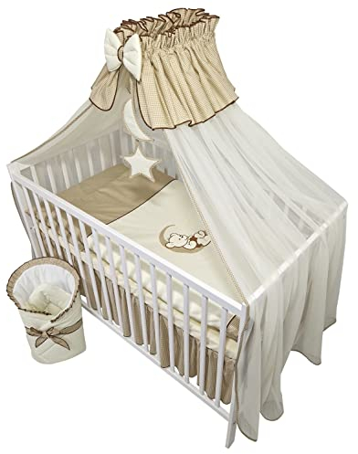 Bello24 - 13 Teiliges Babybett Kinderbett und Bettwäsche komplett Set Happy Leo inkl. Matratze höhenverstellbar für Neugeborene Babys und Kleinkinder aus Massivholz Bestickt Teddybär Mond Dunkelbeige