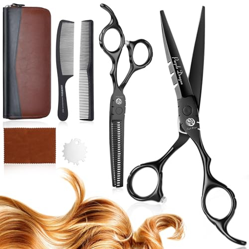 Purple Dragon Set di forbici da parrucchiere da 5,5 pollici, nero (forbici per capelli e forbici per sfoltire) con 2 pettini, barba, modellatura, cura per uomini, donne, famiglia, barbiere,