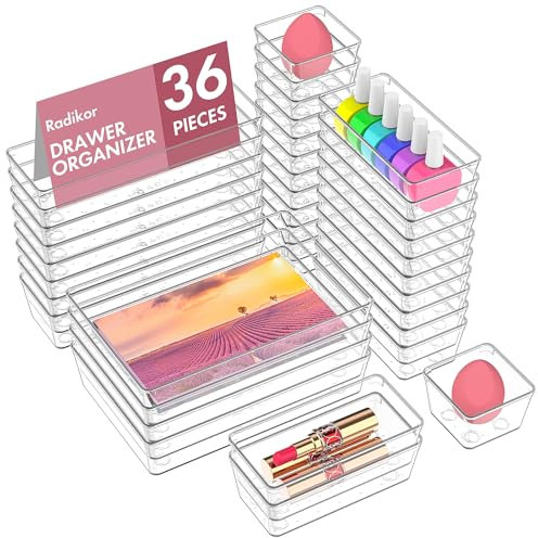 Radikor 36pcs Drawer Organiser Set, Clear Makeup Drawer Organiser Trays Plastic, 4-Size Desk Drawer Inserts Dividers, Acrylic Storage Bins for Makeup, Cosmetic, Officce, Bathroom, Gadgets