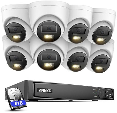 ANNKE Set di telecamere di sorveglianza PoE da 12 MP, 8 X 12 MP, fotocamera IP PoE con faretti, riconoscimento persone/veicolo, accesso remoto, sistema CCTV NVR 8 CH con 8 TB HDD per registrazione