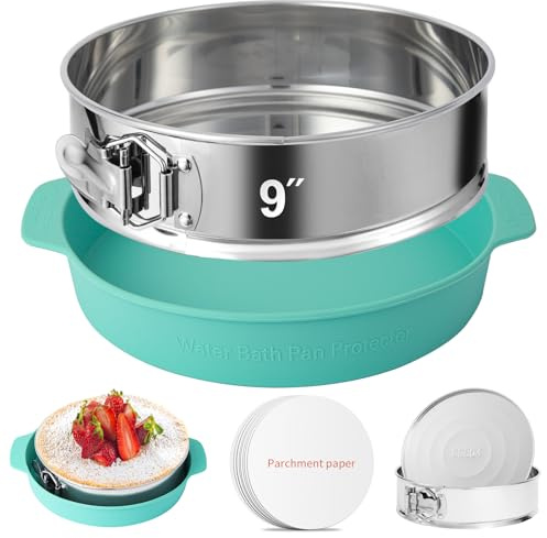 OYAOL 9 Inch Springform Pan - 304 Stainless Steel Nonstick Springform Cake Pan with Removable Bottom, 10 Inch Silicone Leakproof Cheesecake Pan Protector with Parchment Paper