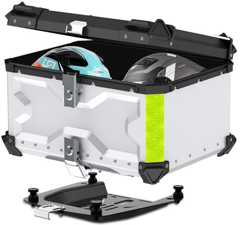 Dixhills Motorcycle Top Case Tail Box, Aluminum Motorcycle Waterproof Top Box 65L with Security Lock for Storage Helmet Luggage, Silver-65L