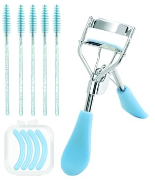 Benixmidart Eyelash Curlers, Lash Curler with Bonus 4Pcs Replacement Lash Pads& 5Pcs Eyelash Spoolies, Eyelash Curler Kit Portable Travel Eyelash Curler for Eyelash Extension (Blue)