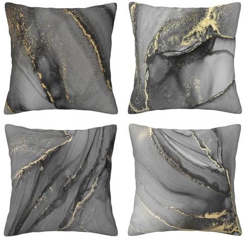 DILOXNSU Grey Gold Cushion Covers 45 x 45 cm Set of 4 Double-Sided Marble Ink Abstract Art Cushions Cases 18 x 18 Inch Modern Decorative Pillow Cover for Sofa Bed Couch