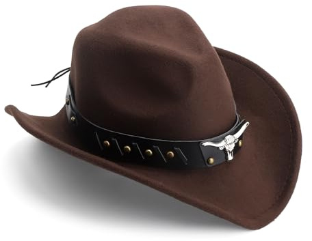 HENGBIRDMarron chapeau cowboy homme,chapeau cowboy femme,avec application tête de taureau et bande réglable (56-60 cm) pour le jardinage, les soirées à thème,Fête d'anniversaire,Déguisement de cow-boy