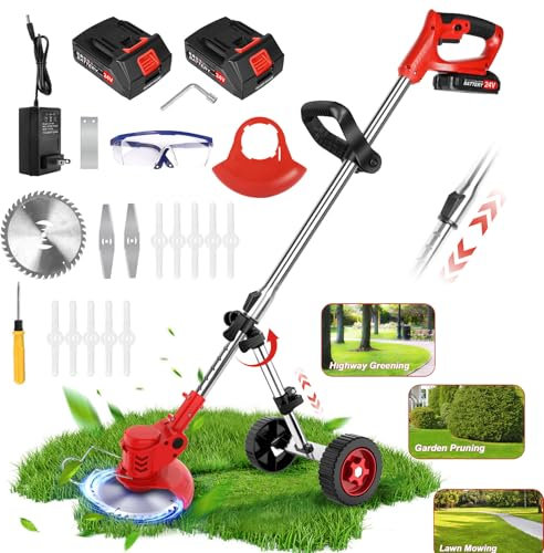Lacoco Débroussailleuse Électrique sans Fil 21V Debroussailleuse à Batterie 2 * 2.0Ah avec Roues Coupe Bordure avec Manche Telescopique 3 Type de Lames Coupe-Herbe pour Jardin Court Gazon