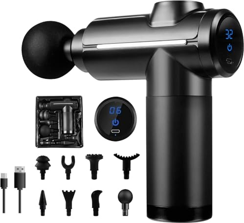 AURENYA® Pistolet de Massage Musculaire SANS FIL, Pour Muscles, Corps, Détend, Relaxe, Massage en toute profondeur, Apaise avec Six têtes réglables pour tout le Corps – Option 20 vitesses