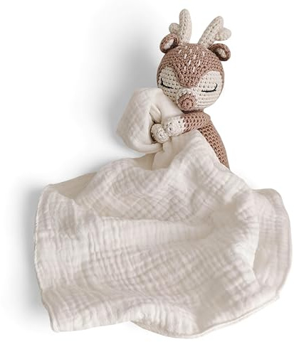 Doudou Bébé Crochet 16 cm – 100% Coton – avec 2 Tissus Lavables et Sac Cadeau – Cadeau de Naissance Fille ou Garçon – MyBabyCrochet