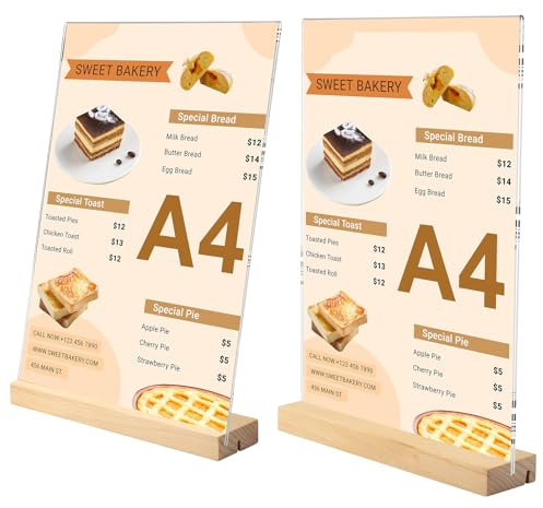 Samamoca 2 Stück Aufsteller A4 Schilderhalter Mit Holzfuß,Tischaufsteller A4,Acryl Tischständer Mit Holzfuß,Acrylic Table Sign Holders,Präsentationsständer Holz(L&T Form - 2 Möglichkeiten)