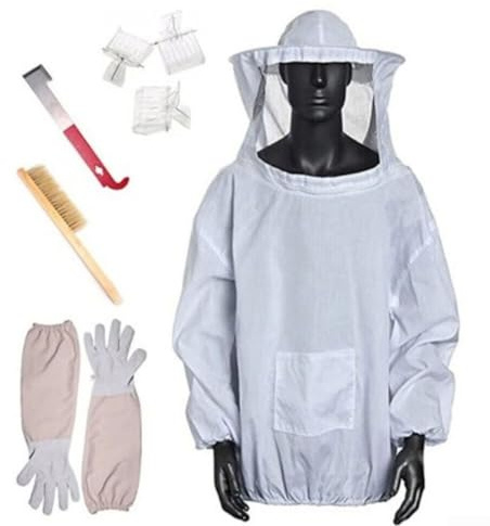 Yuanpgky Traje profesional para apicultura con guantes, cepillo de colmena y kit de herramientas de gancho en J para apicultores, tela ligera y transpirable con mangas de lino y resistente al óxido