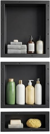 Shimeyao 3 Pack Shower Niche Set Black 304 Stainless Steel Bathroom Niche Insert 20x16'', 14x16'', 20x16'' Wall Shelves for Shower with 0.5° Slope to Prevent Water Pooling for Bathroom Storage