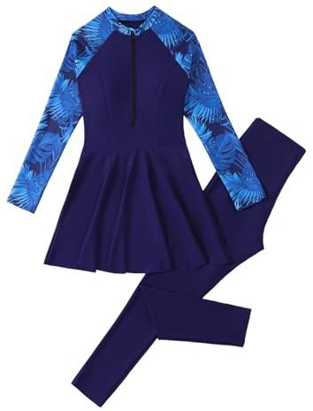 Odizli Traje de Baño Modesto para Mujer con Estampado Tropical, Manga Larga, Top con Cremallera + Pantalones de Baño, Burkini de Cuerpo Completo, azul, M