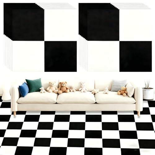 Lot de 20 revêtements de sol en vinyle autocollant en PVC - 30 x 30 cm - Motif damier - Tapis de salon - Convient pour cuisine, chambre à coucher, chambre d'enfant, salon