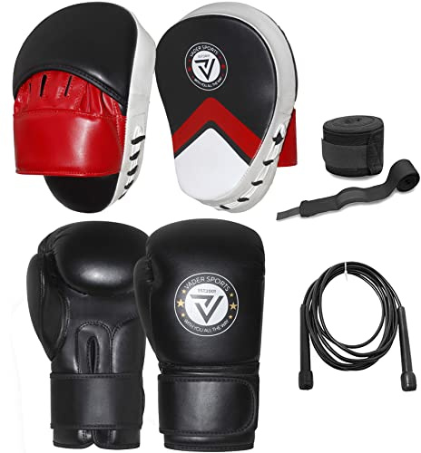 Boxing sparing 100% Leather curved punching pads pair and bag gloves rex leather + FREE hand wraps & skipping rope