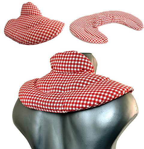 Cojín cervical térmico con cuello. rojo-blanco. Almohada térmica cervical con semillas de grosella. Saco caliente y frio con semillas. Cojín de nuca