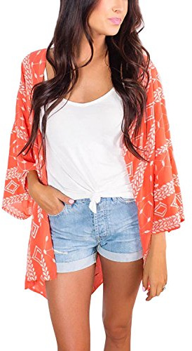 Walant Rétro Élégant Gilet Plage Kimono Femme Veste Cardigan en Mousseline d'été Floral Lâche Demi-Manches de Mode Blouse Châle Sexy Bikini Beachwear, Orange, Taille unique