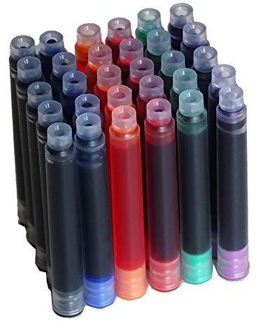 30 PCS Jinhao Fountain Pen Ink Cartridges Refill 6 Colors Set, Black, Blue, Apple Green, Purple, Red and Orange International Standard Size 2.6mm Bore Diameter