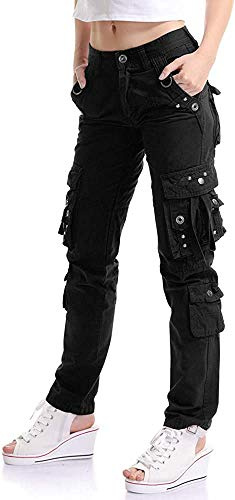 HASHOOB Pantalon Cargo Femmes Jean Militaire Sport Plein Air Travail (BLACK1, 12), L