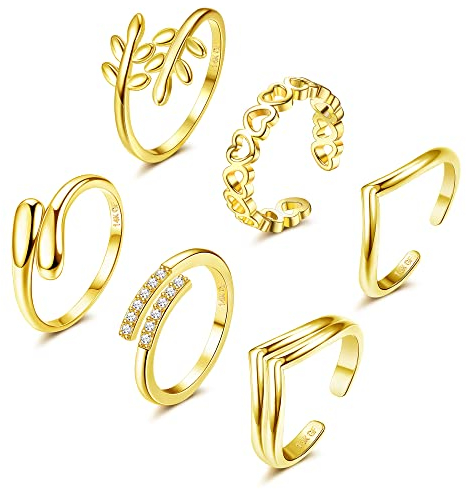 Adramata 6 Stück 14 Karat Gold Gefüllte Zehenringe für Damen - Blumenherz Offene Ringe, Daumenringe, Verstellbare Ringe Set - Sommer Strand Fußschmuck