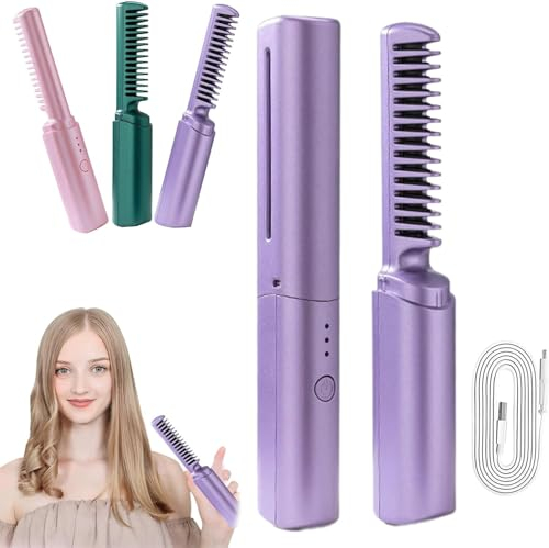 Rechargeable Mini Hair Straightener and Curler, 2 in 1 Anti-Scald Straightener Brush, Portable USB Plug-in Small Curler Iron for Short and Long Hair