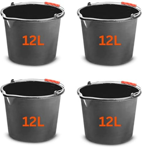 MYPURECORE YOU AT THE CORE Set of 4 12L (3.1 Gallon) Black Plastic Bucket with Handles - Sturdy Water Bucket, Big Measuring Scale Ideal for Builders, Car Washes, Bathroom and Home & Garden. (4)