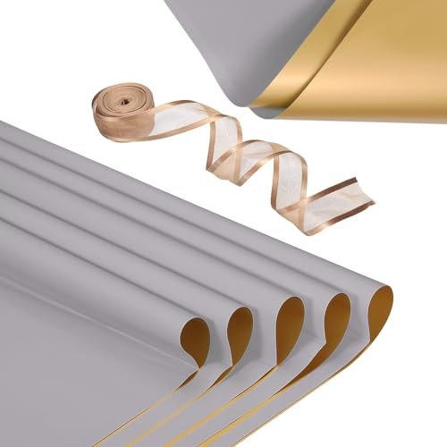 PATIKIL 20 Sheets Flower Wrapping Paper, Waterproof Flower Paper Wraps with Ribbon Floral Bouquet Supplies for DIY Crafts Packaging Bouquet, 22.8x22.8 Inch, Light Gray/Gold Tone
