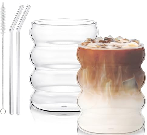 Juego de 2 vasos de café acanalados de 300 ml con pajitas de cristal, vasos ondulados para gastronomía, agua, zumo, cerveza, vasos universales