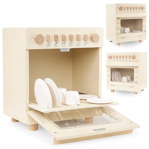 Mamabrum Lavavajillas de Madera con Accesorios - Juguete Niña para Cocina de rol con Botones Interactivos, Platos y Elementos Magnéticos - Juguetes para Niñas 30 x 24 x 34,5cm