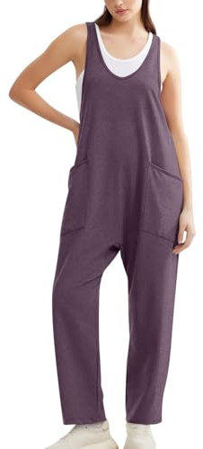 Azruma Hosenanzug Damen Festlich Hochzeit, Plissee Hose Damen Yoga Set Frauen Casual Einfarbig V-Ausschnitt Ärmellose Jumpsuit Mit Große Taschen 80 Er Jahre Kostüm Damen Maleroverall(Dark Purple,XL)