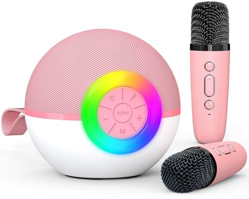 Karaoke Machine for Kids Adults, Toys with wireless microphone Mini Portable Bluetooth Speaker with 5 Voice Changing Effects & LED Light, Christmas Birthday Gifts for 4-12 Girls Boys (Pink-2 Mics)