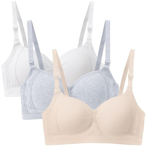EDS Service Girls First Bra, Soft Cotton Teen Bras, 3 Pack Wire Free Padded Crop Top, Young Girls Underwear with Adjustable Strap for Women 12-18Years 32A