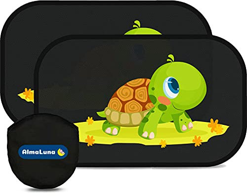 AlmaLuna | Tendine Parasole Auto Bambini - Protezione Solare 99% Dai Raggi UV - 2 Pezzi 51x31 cm 80g/m2 - Accessori Macchina Per Interno Tende Oscuranti - Design Neonati E Bimbi (Tartaruga)