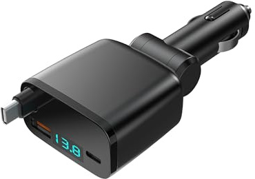 Chargeur de voiture rétractable avec 2 ports USB Type-C Compatible iPhone 16, 15/15 Pro Max, 14, 13, 12, 11, Galaxy, Pixel, Google, tablettes
