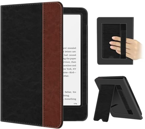 FINTIE Custodia per 7 Kindle Paperwhite (12ª Generazione, 2024) e Kindle Colorsoft (1ª Generazione, 2025/2024) - Protettiva Supporto Cover con Slot per schede & Hand Strap, Nero/Marrone