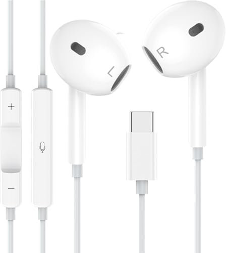 Tapo USB C In-Ear iPhone 15 Wired Headphones HiFi Stereo Earphones with Microphone and Volume Control/Headphones with Cable USB C for iPhones 16/15/Galaxy S24/S23/15 Plus/Google Pixel/Huawei (White)