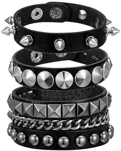 JJUNW 3 Stück Punk Nietenarmband, Verstellbare Leder Armband mit Nieten Schwarz Armbänder Emo Accessoires für Herren Damen Punk Gothic Nietenmanschette für Party Konzert Cosplay