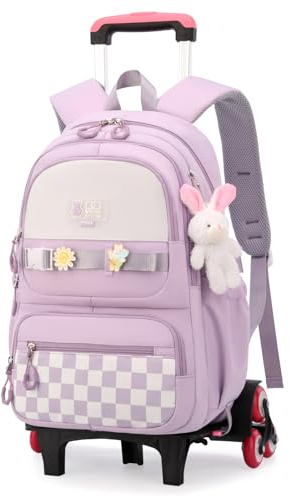 Amythe Mochila Escolar con Ruedas para Niñas, Mochila con Carro para Chicas de Primaria y Secundaria con Colgante, Mochilas Escolares con 6 Ruedas para Adolescentes, Morado