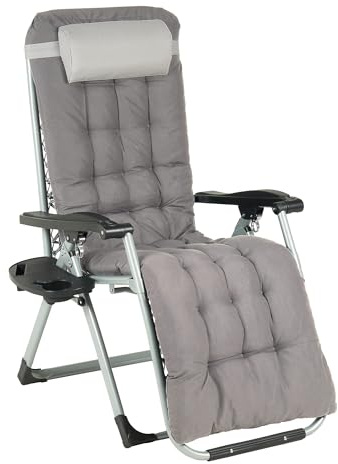 IlGruppone Sedia Sdraio 0 gravità Reclinabile Giardino Poltrona Pieghevole Relax Prendisole Lettino Cuscino Imbottito Portabicchiere Patio Campeggio Spiaggia con Poggiatesta Regolabile - Grigio